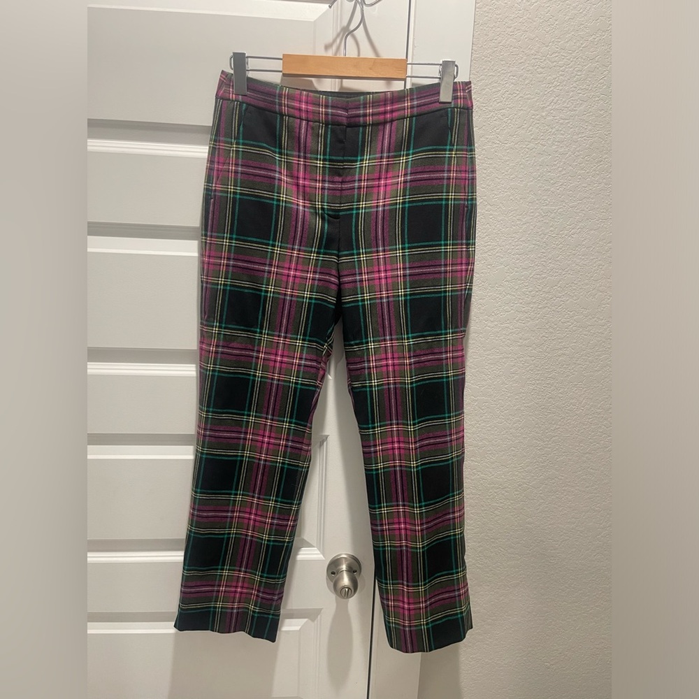 J. Crew Kate Straight-Leg Pant Pink Stewart Tartan Wool Holiday Azalea Plaid US6 - Picture 2 of 8